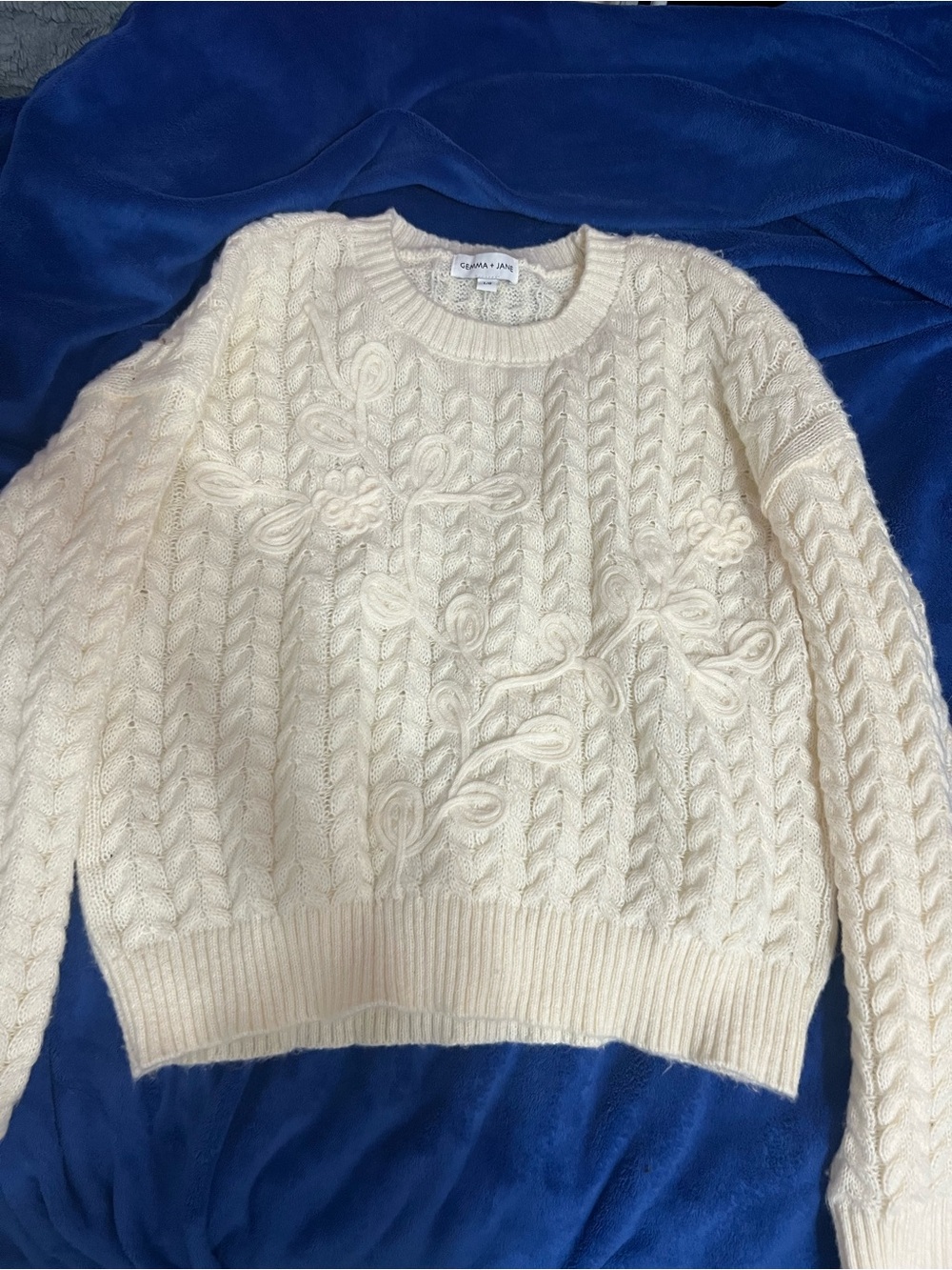 Gemma + Jane Cream Cable Knit Floral Soutache Embroidered Sweater Size L